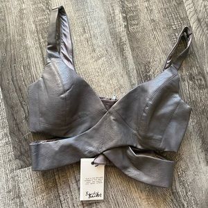 Grey Faux Leather Harness Bustier Bra Top